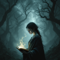 A figure stands in a dark, twisted forest, illuminated by a glowing book. The atmosphere conveys a quest for truth, emphasizing the importance of discovery and knowledge.