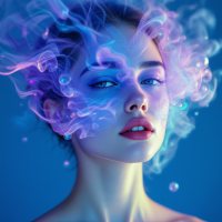 A serene close-up of a woman with ethereal, swirling colored smoke around her face, embodying the quote, You can disguise your face, but you cannot disguise your heart.