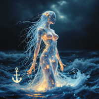 A luminous figure with flowing hair stands in stormy waters, embodying the quote Hope is the anchor that keeps us grounded amidst the storm, surrounded by shimmering light and waves.