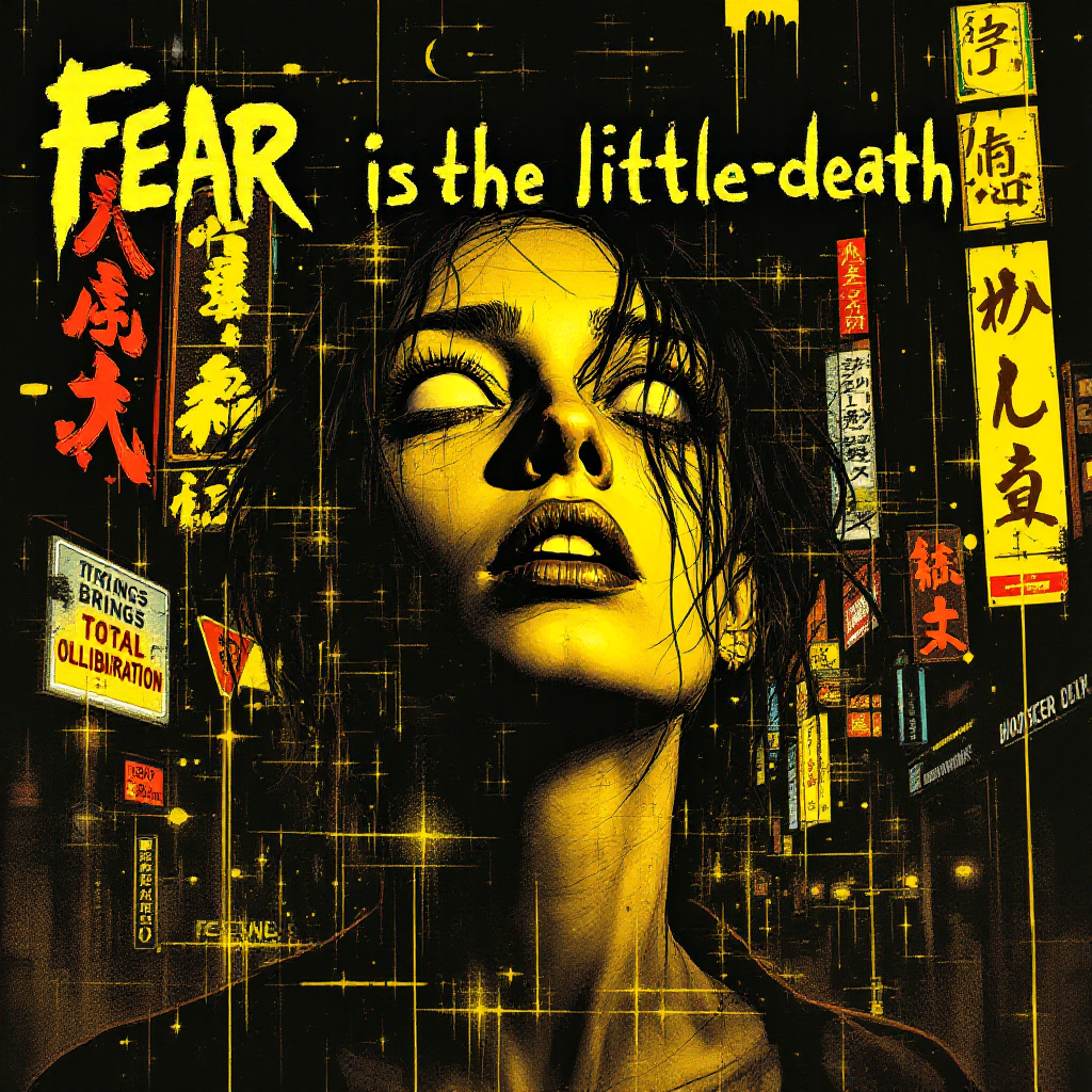 A striking portrait of a woman with an intense expression, illuminated in yellow against a backdrop of neon signs, accompanied by the quote, Fear is the little-death.