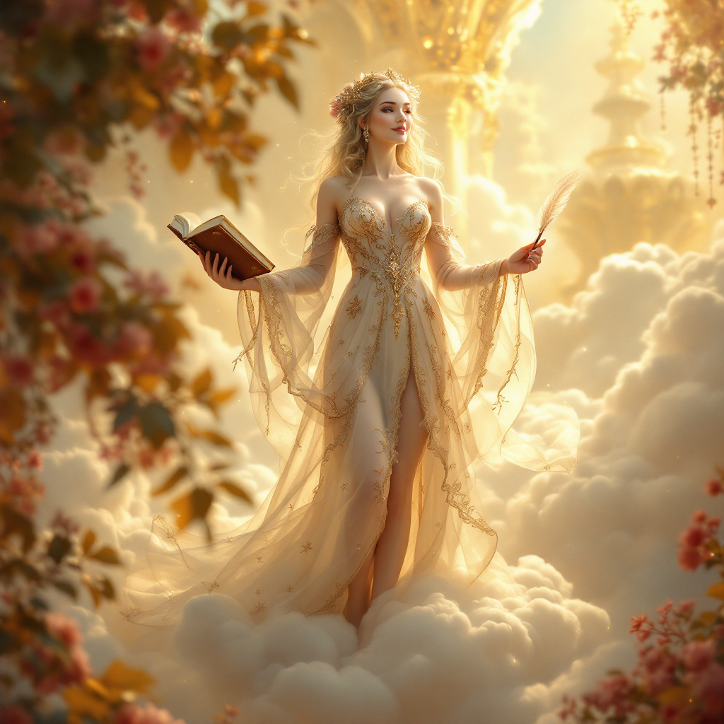 A ethereal figure in a flowing gown stands amidst clouds, holding a book and quill, bathed in golden light, embodying the quote, What is humanity if not the stories we tell ourselves?