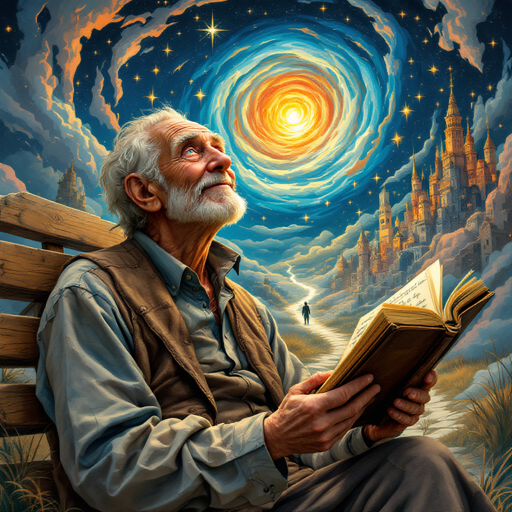 An elderly man sits on a bench, gazing upward with wonder as swirling galaxies and a bright sun illuminate a dreamy landscape, embodying the essence of stories and their lasting impact.