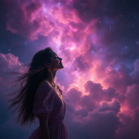 A woman in a flowing dress gazes upward, surrounded by a vibrant cosmic scene of swirling clouds and stars, embodying the quote about hope igniting the will to create.