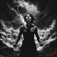 A determined woman stands against a stormy sky, lightning illuminating her fierce expression, embodying the quote about unwavering ambition and the power of desire.