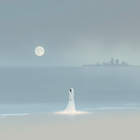 A figure in a flowing white robe stands on a serene beach under a full moon, reflecting the delicate interplay of memory and possibility from the quote about dreams.