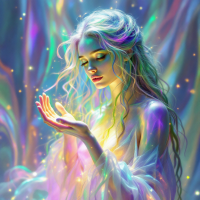 A luminous figure with flowing hair gazes intently at her hands, surrounded by a swirl of colorful, ethereal light, embodying the desire expressed in the quote, I want to be with you now.