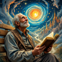 An elderly man sits on a bench, gazing upward with wonder as swirling galaxies and a bright sun illuminate a dreamy landscape, embodying the essence of stories and their lasting impact.