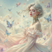 A whimsical portrait of a young woman in a flowing pastel gown, surrounded by delicate butterflies, evoking the fluidity of time and memories through her serene expression.