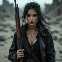 A fierce young woman stands in a desolate landscape, clutching a rifle, embodying rebellion and determination, inspired by the quote I rebel; therefore I exist.