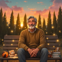 An older man sits on a park bench at sunset, smiling warmly. Surrounding him are toys and books, embodying the playful spirit of the child within every real man.