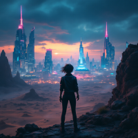 A silhouette of a person stands on a rocky ledge, gazing toward a vibrant, futuristic city skyline illuminated by pink and blue lights against a dramatic sunset backdrop.