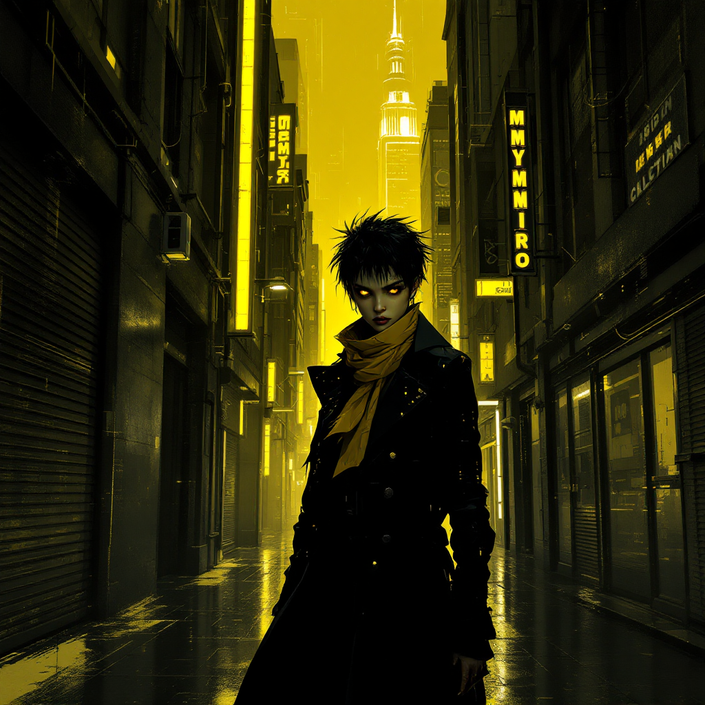 A mysterious figure stands in a neon-lit alley, their piercing gaze reflecting the consequences of choices, set against a backdrop of glowing yellow lights and rain-slicked streets.