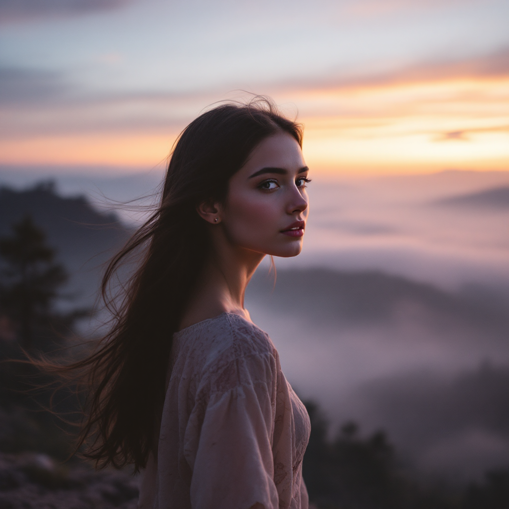 A young woman gazes thoughtfully into the distance, framed by a misty landscape and a vibrant sunset, capturing the essence of time and dreams.