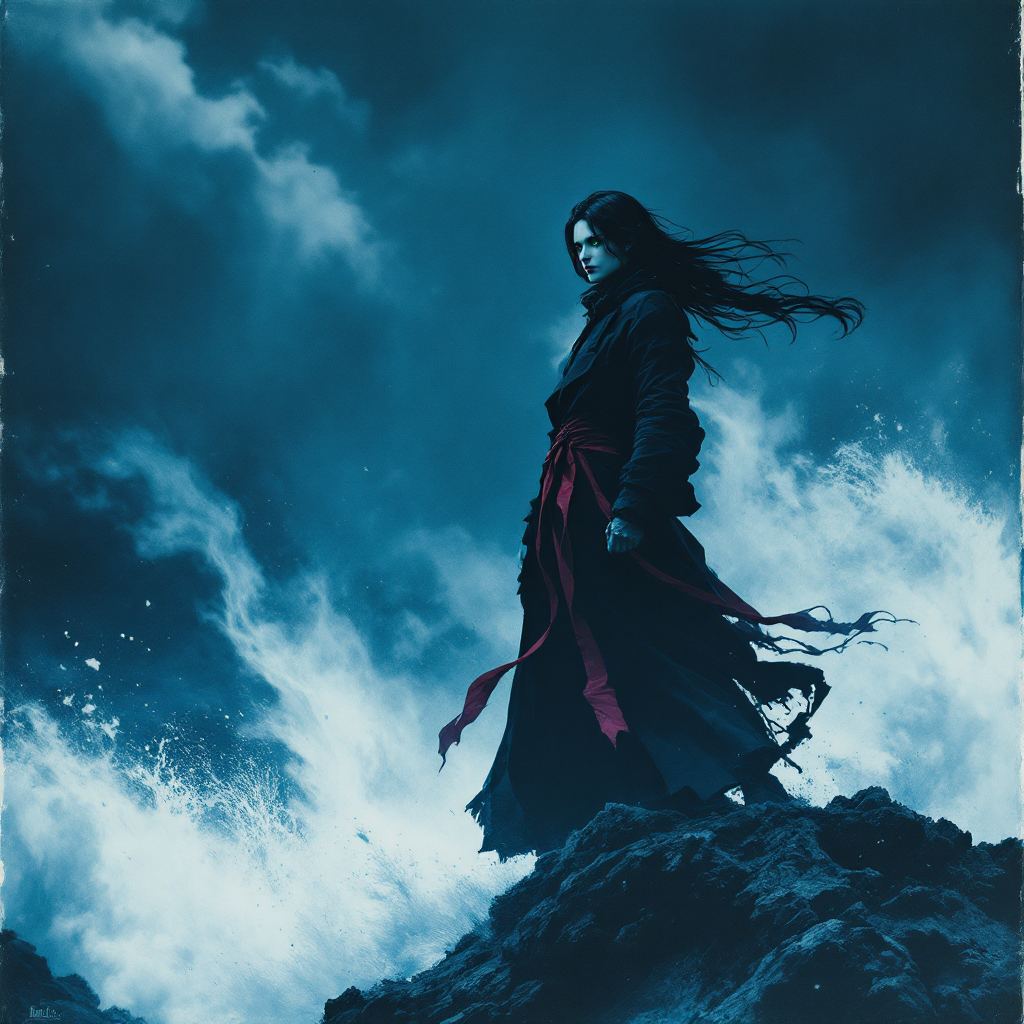 A figure in a flowing black robe and red ribbons stands on a rocky shore, defiantly facing turbulent waves, embodying the complexity of heroes and villains in their own narratives.