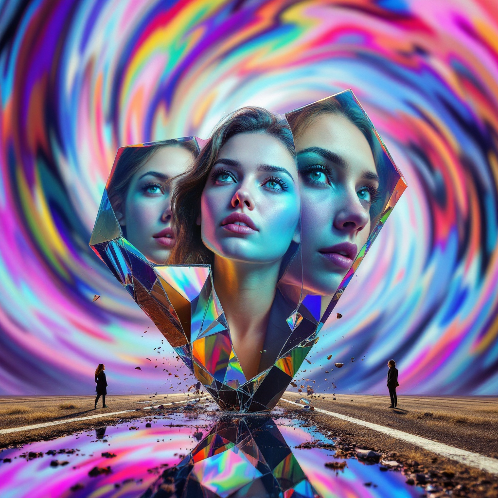 A vibrant, surreal image of a crystal-like structure reflecting multiple faces of a woman, set against a swirling colorful background, symbolizing societal roles and identity.