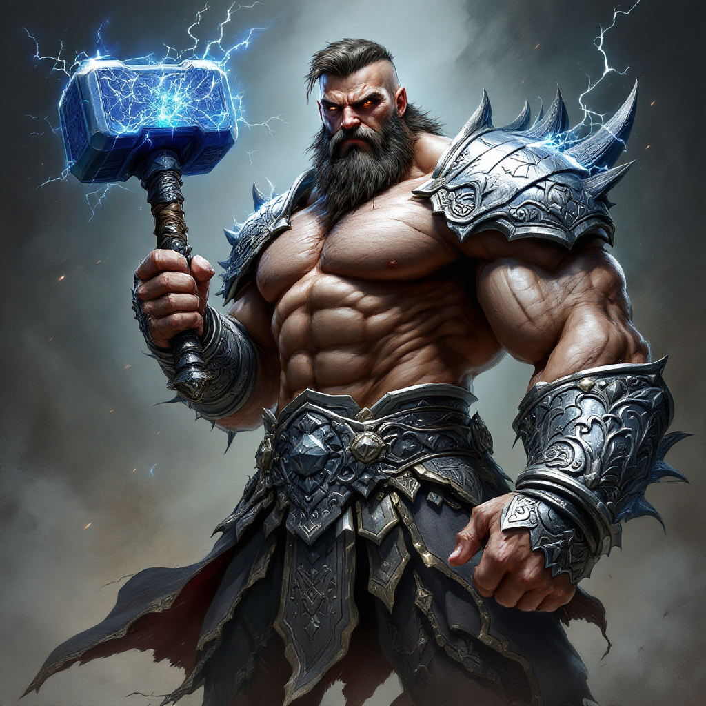 A muscular warrior with a fierce expression holds a lightning-charged hammer, embodying strength and resilience, echoing the quote about striking tirelessly.