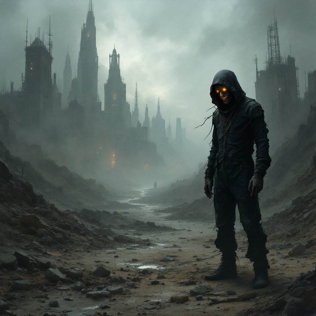 A shadowy figure in a hood stands in a desolate landscape, with crumbling buildings in the background, embodying the struggle against oneself in life's battles.