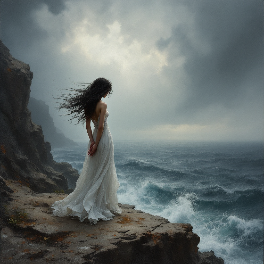 A woman in a flowing white dress stands on a rocky cliff, gazing at turbulent ocean waves under a stormy sky, embodying the theme of enduring and living with pain.