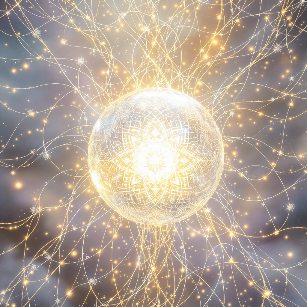 An ethereal, glowing sphere surrounded by intricate, luminous threads, symbolizing interconnected decisions and the tapestry of fate in a cosmic expanse.