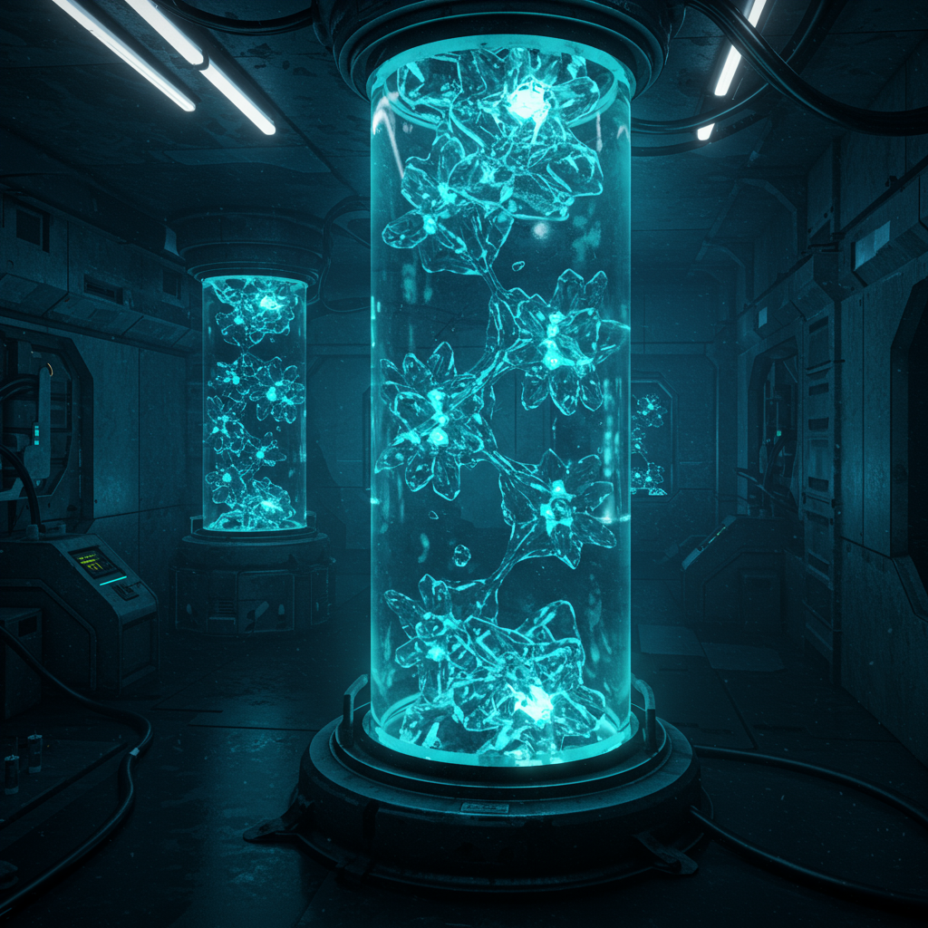 A dark, futuristic lab features glowing glass tubes filled with intricate, luminous blue organic structures, hinting at advanced inorganic biology and complex replicators.