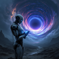 A humanoid robot stands contemplatively before a swirling cosmic portal, embodying the quote about personal responsibility and self-empowerment in the face of challenges.