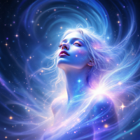 A luminous figure with flowing hair emerges from a cosmic backdrop, radiating light and energy, embodying a moment of self-realization and the affirmation of self-worth.