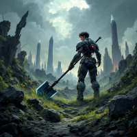 A figure in futuristic armor stands in a desolate landscape, holding a shovel, surrounded by towering crystalline spires, embodying the quest to uncover the past's hidden treasures.