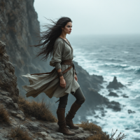 A brave woman stands on a cliff overlooking a stormy sea, her hair and attire flowing in the wind, embodying the spirit of courage from the quote, If I could do anything, I would be brave.