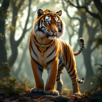 A majestic tiger stands confidently in a lush forest, adorned with a regal necklace, embodying the spirit of a warrior, reflecting the quote: I was not a pet. I was a warrior.