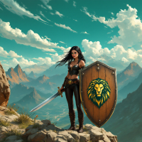 A fierce warrior stands atop a mountain, wielding a sword and holding a lion-emblazoned shield, embodying the stark reality of power struggles, echoing In the game of thrones, you win or you die.