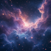 A vibrant cosmic scene filled with swirling clouds of purple and blue, dotted with twinkling stars, evoking the quote You could rattle the stars.