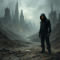 A shadowy figure in a hood stands in a desolate landscape, with crumbling buildings in the background, embodying the struggle against oneself in life's battles.