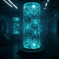 A dark, futuristic lab features glowing glass tubes filled with intricate, luminous blue organic structures, hinting at advanced inorganic biology and complex replicators.