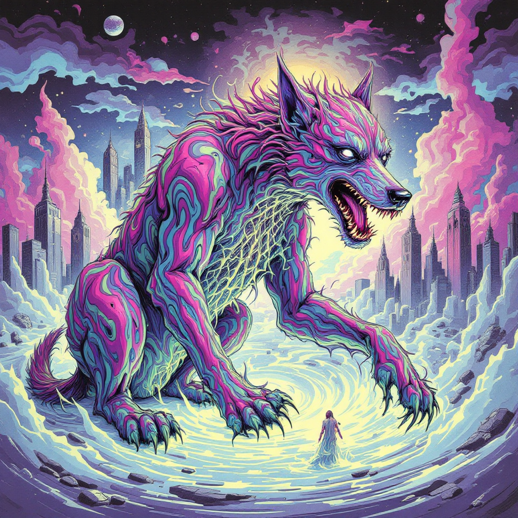 A vibrant, monstrous dog towers over a small figure in a surreal landscape with colorful clouds and city silhouettes, illustrating the dangers of unchecked emotional beliefs.