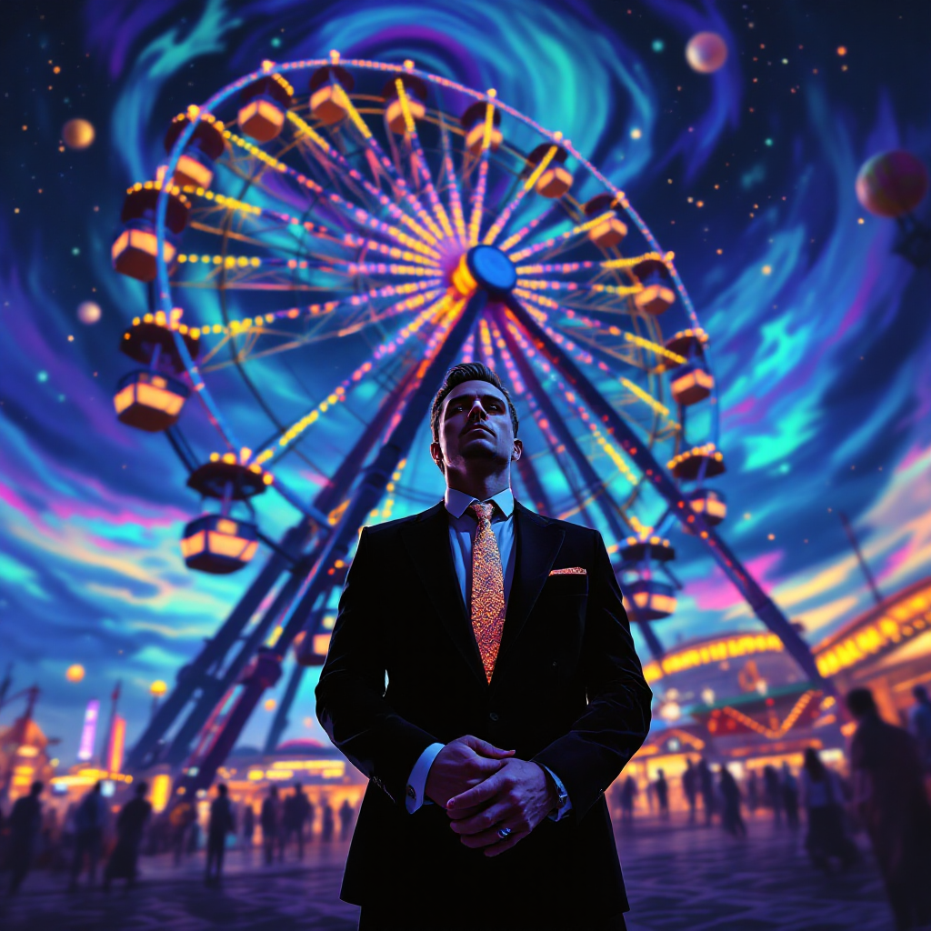 A man in a suit stands confidently near a vibrant ferris wheel, embodying ambition and the desire to create an enduring legacy, inspired by the fair's enchanting atmosphere.