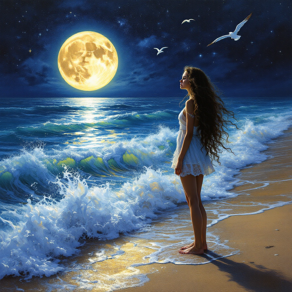 A contemplative woman stands by the shore at night, gazing at a large moon reflecting on the water, embodying the idea that our choices shape who we are. Seagulls fly overhead.