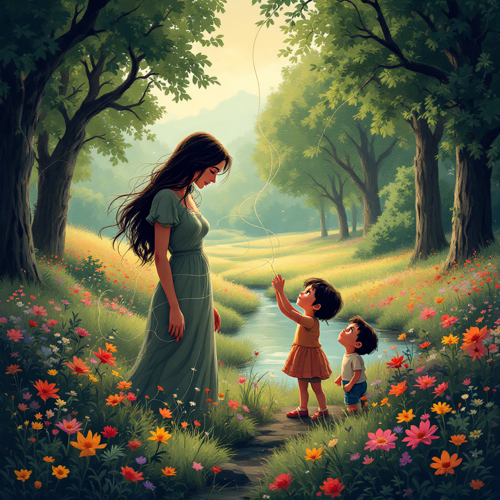 A woman stands in a vibrant, flower-filled meadow, gazing at two children. The scene reflects the complexity of family ties, highlighting both connection and potential constraints.