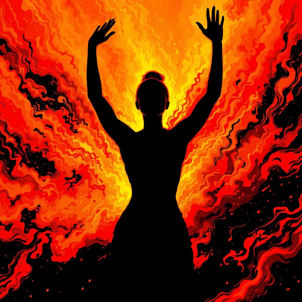 A silhouette of a woman stands with arms raised against a vibrant backdrop of swirling flames and bright colors, embodying the quote, Pain is inevitable. Suffering is optional.