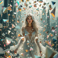 A woman in a flowing white gown stands amidst a shimmering shower of colorful geometric shards, evoking a sense of wonder and the endless questions that arise from discovery.