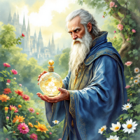 A wise, bearded figure in flowing robes stands in a vibrant garden, holding a glowing potion bottle, surrounded by flowers and a distant castle, embodying the magic of fame and glory.