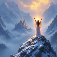 A figure in a flowing white garment stands triumphantly on a snowy peak, arms raised to a glowing sunrise above a distant castle, symbolizing peaceful victory without conflict.