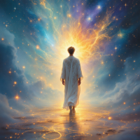 A figure in a flowing white robe walks toward a luminous, cosmic explosion of colors, symbolizing the profound impact of choices on existence and the universe.