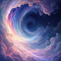 A swirling cosmic scene of vibrant colors and ethereal clouds, depicting the patience of time as it weaves through the universe, illustrating the depth of understanding in the world.