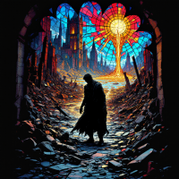 A shadowy figure walks through a shattered landscape, framed by a vibrant stained glass window, echoing the quote about the fall of law and the emergence of man's true nature.