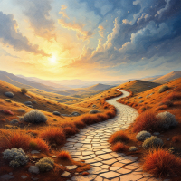 A winding stone path stretches through golden hills under a vibrant sky at sunrise, embodying the journey of seeking guidance and direction.