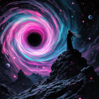 A figure in a long black dress stands on a rocky outcrop, gazing into a swirling, vibrant vortex against a backdrop of stars and distant planets, embodying echoes of the past.