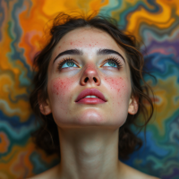 A young woman gazes upward, her face illuminated with freckles and blemishes, set against a vibrant, swirling orange and blue background, embodying the quote, Our scars make us who we are.