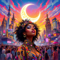 A vibrant urban scene features a confident woman with an intricate dress and natural hair, set against a colorful sunset and a crescent moon, embodying the dynamic essence of cultural identity.