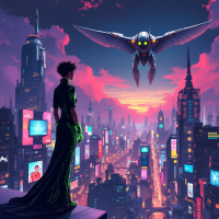 A figure in a dark gown stands on a city rooftop, gazing at a vibrant skyline illuminated by neon lights, as a futuristic robotic owl soars against a colorful sunset backdrop.