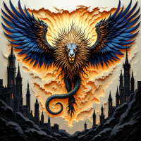 A majestic winged lion with a human-like face soars above dark towers, set against a dramatic, fiery sky, embodying the quote about humanity's creation of deities and their consequences.